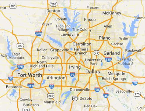 DFW and North Texas service area map showing Dallas, Fort Worth, Plano, Frisco, McKinney, Denton, Allen, Wylie, and surrounding communities