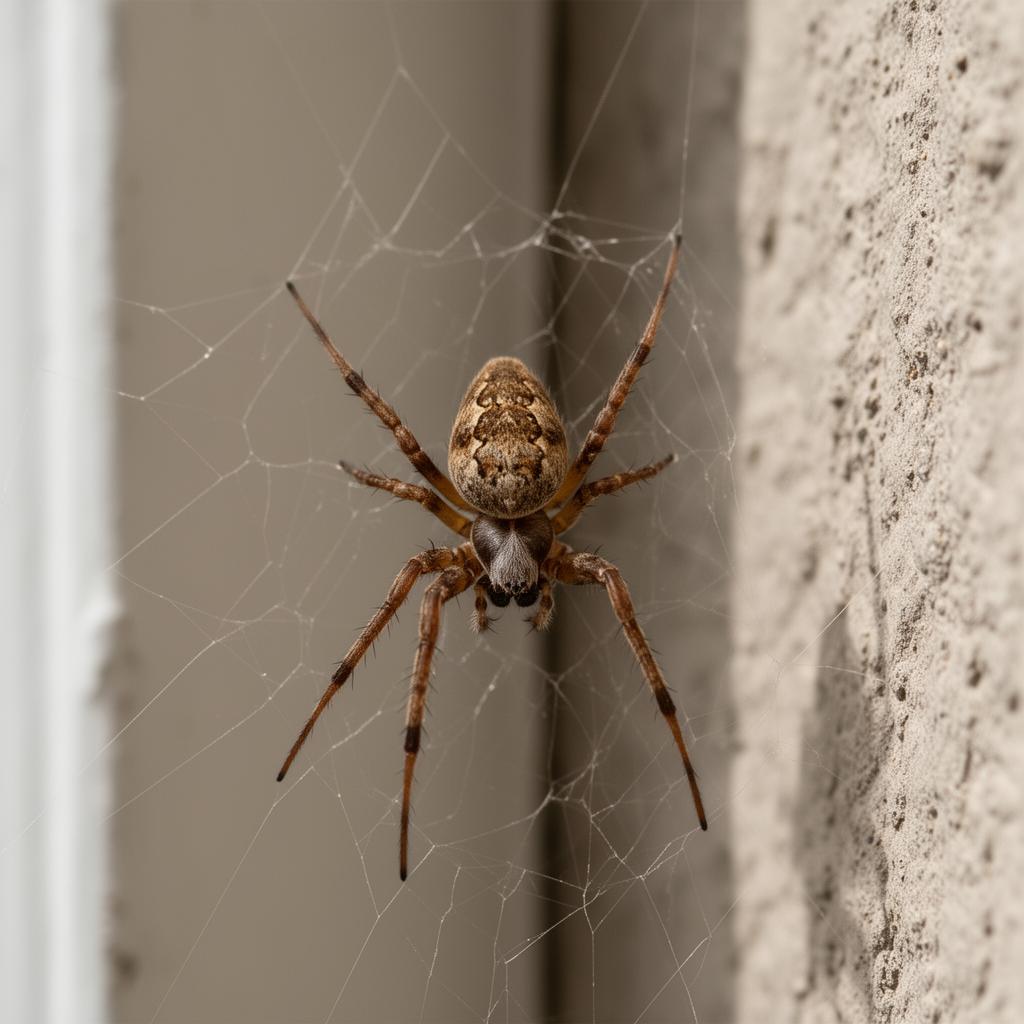 Common house spider in a corner web