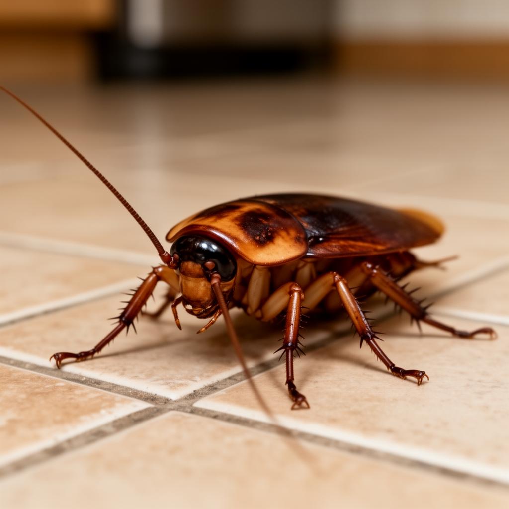 American cockroach on a kitchen tile floor