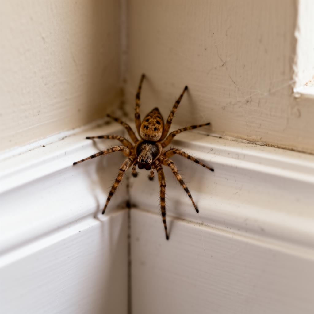 Common house spider in the corner of an interior baseboard