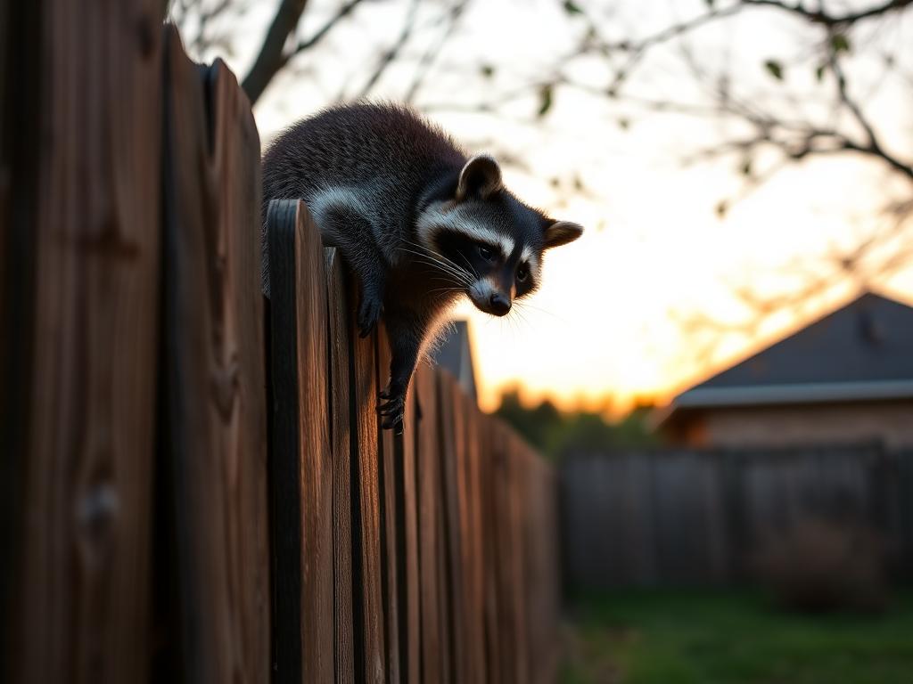 Raccoon climbing a wooden fence at dusk in a Texas suburban backyard