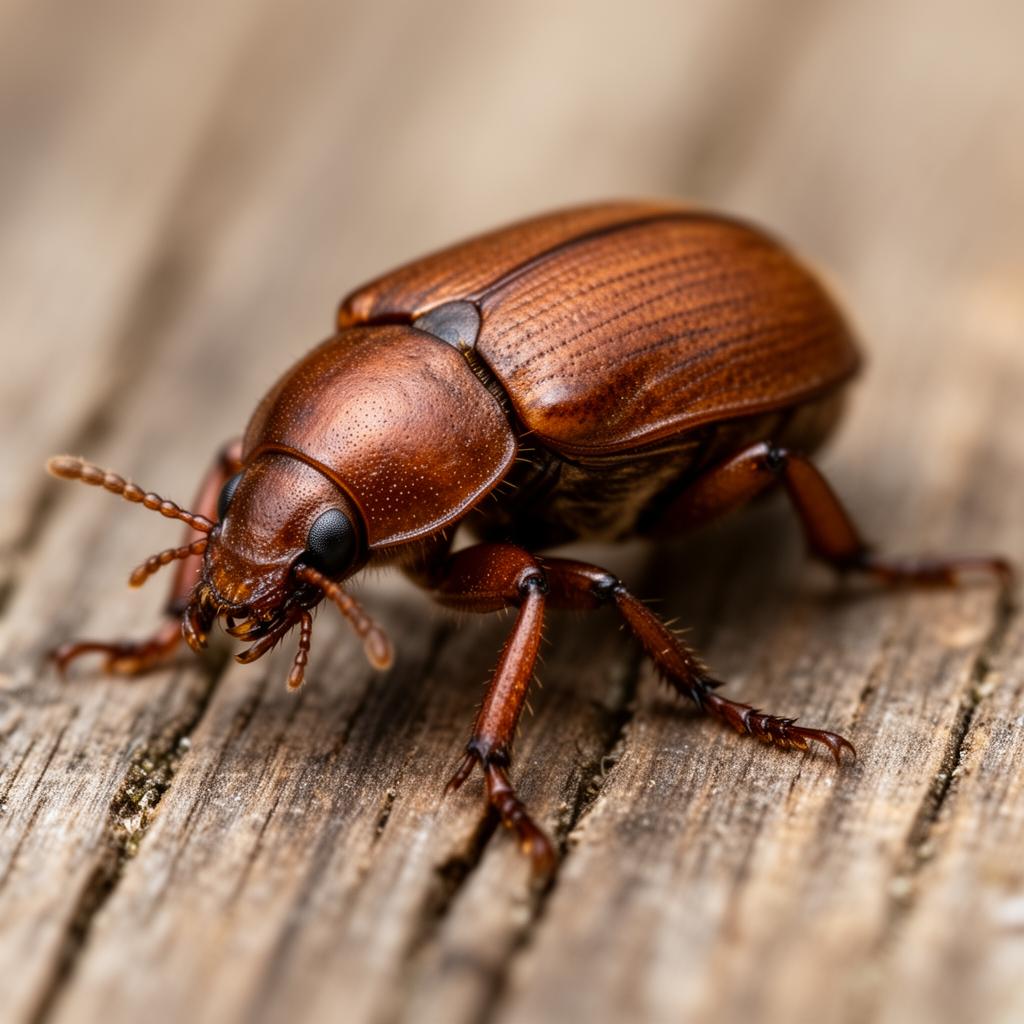 Brown ground beetle on a wooden surface