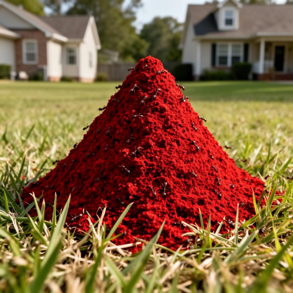 Red fire ant hill mound in a residential yard