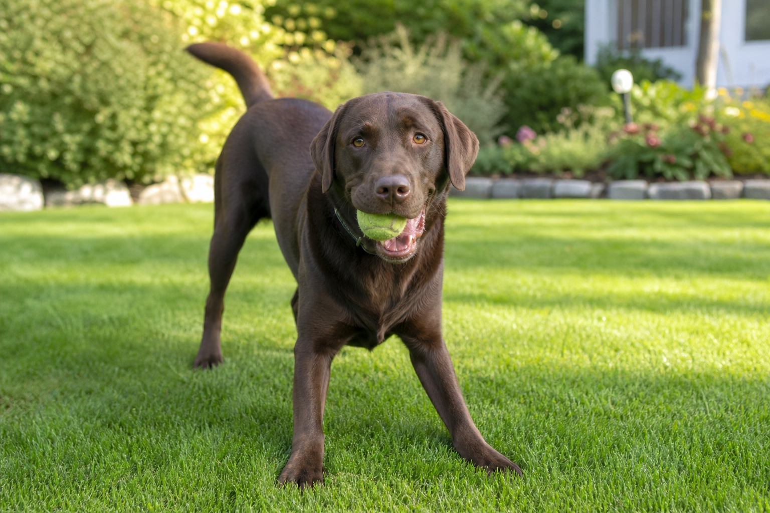 Happy chocolate Labrador retriever enjoying a lush, well-maintained green lawn