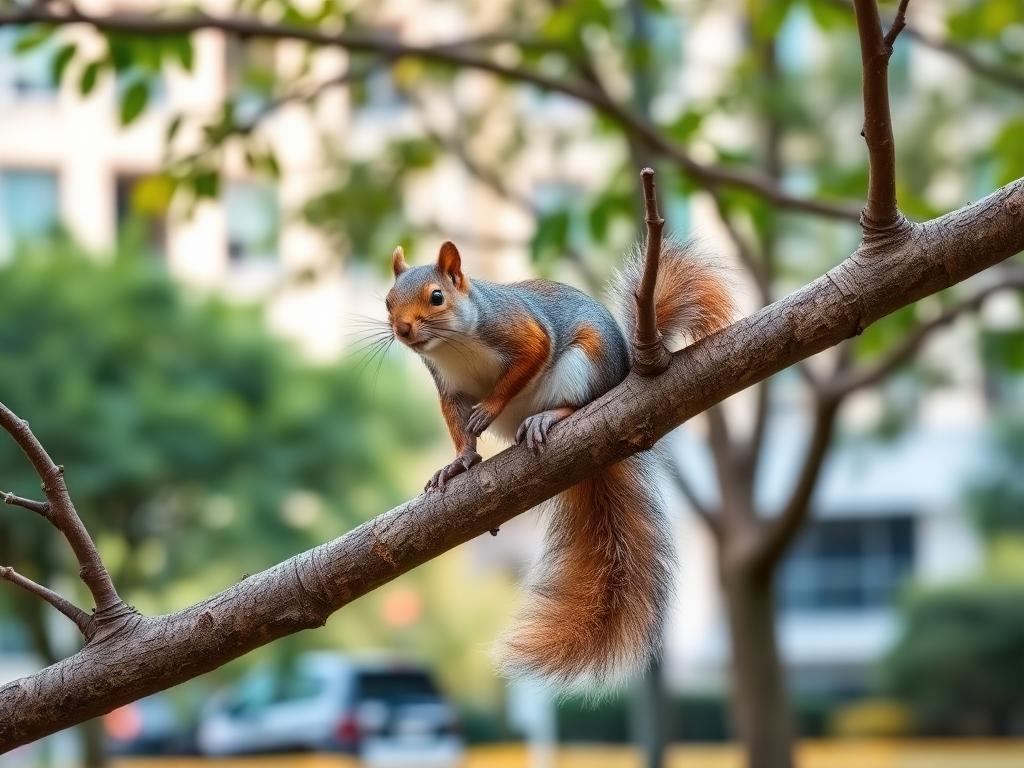 Squirrel on a tree branch in an urban park setting
