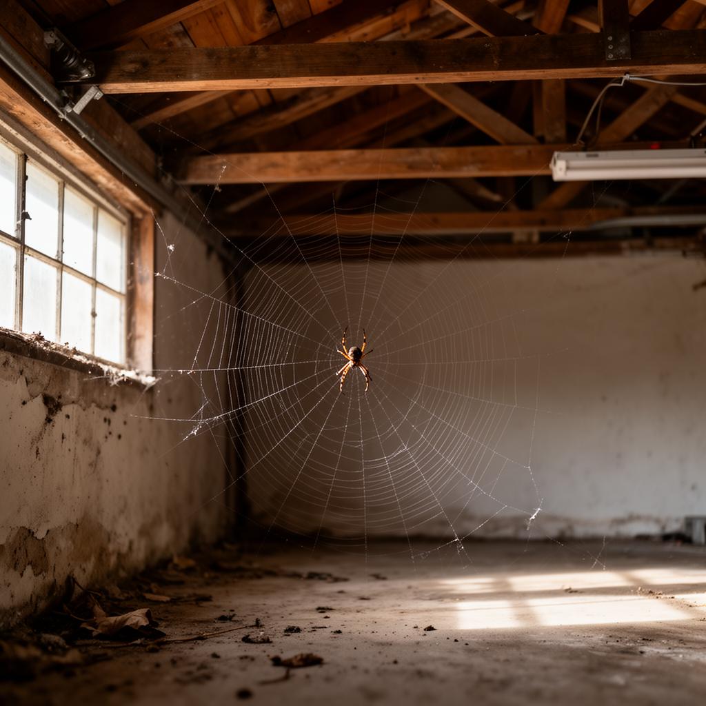 Web-building spider in a garage with wooden rafters