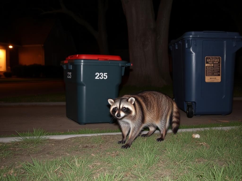 Raccoon near a residential dumpster area at night in Texas