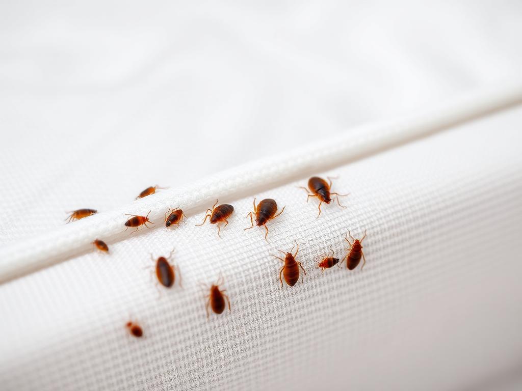 Multiple bed bugs along a mattress fold