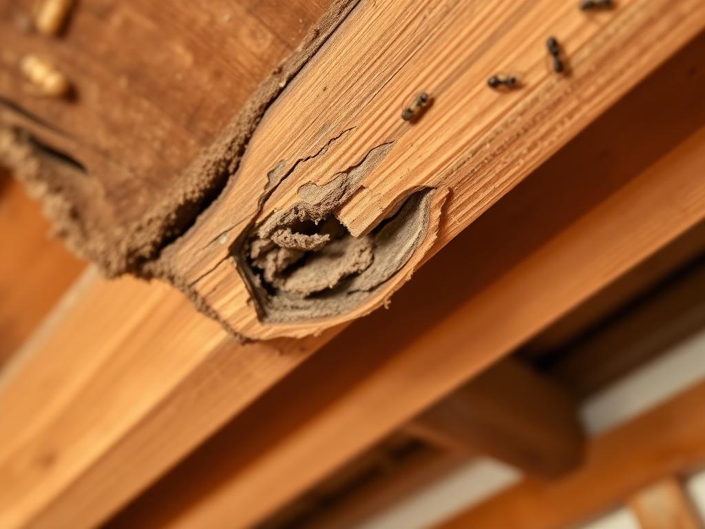 Termite damage on a wooden beam with visible galleries